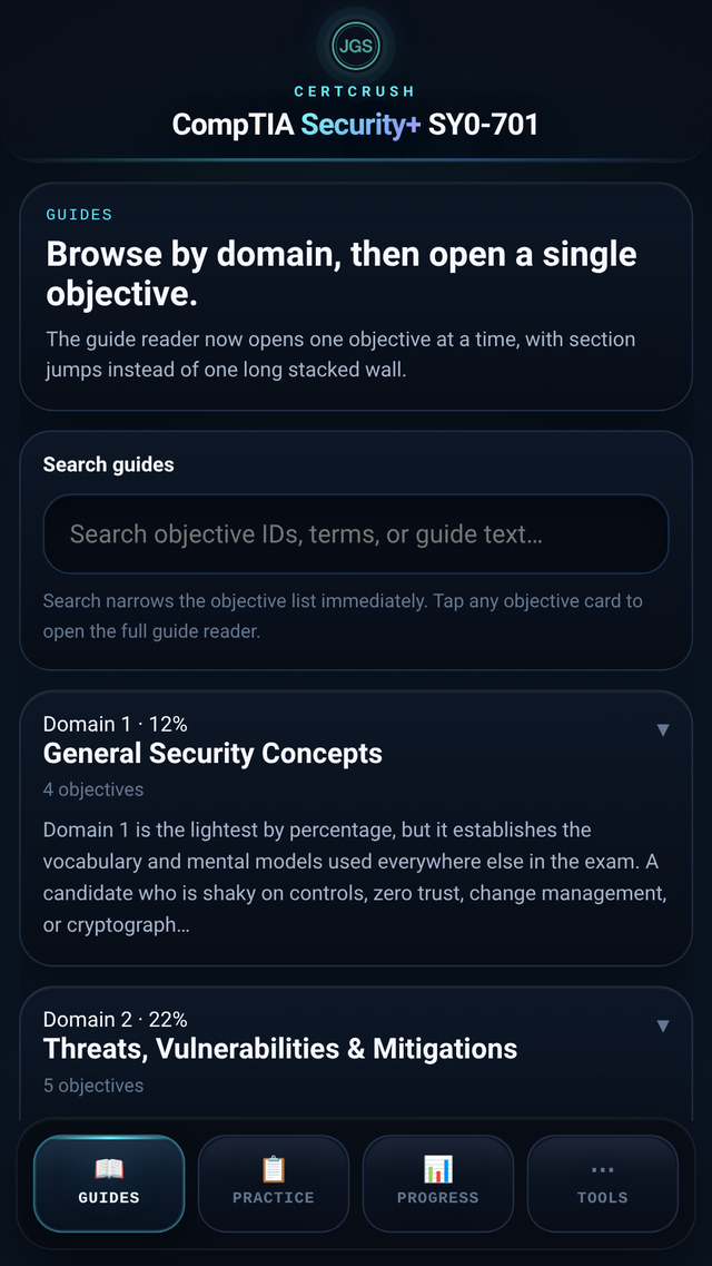 CertCrush guide overview screen