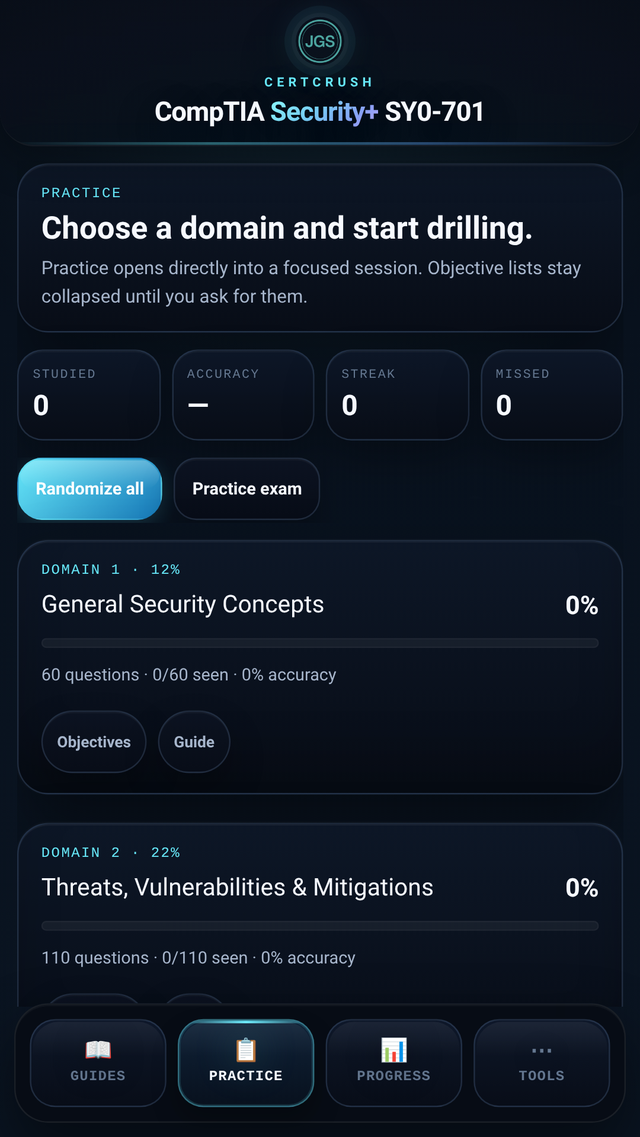 CertCrush practice domains screen